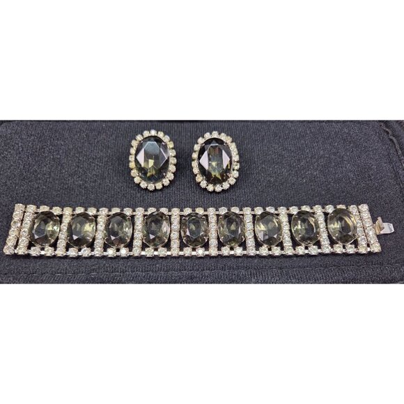 Vintage Smoke and Ice Crystal Rhinestone Bracelet & Earrings Set Oval - Picture 15 of 16